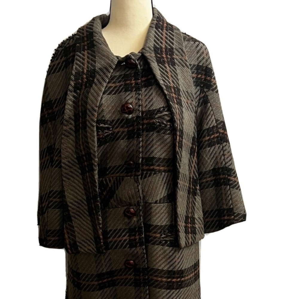 Hepburn Plaid Long Coat Size L Pockets Bead Embellish Vintage Antique Look 50s